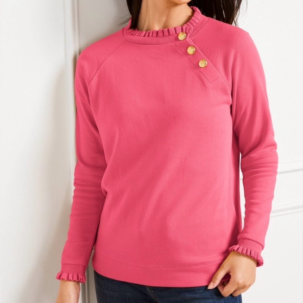 Talbots Ruffle Trim Raglan Sweatshirt Pink Gold Buttons At Neckline Size 1X - Picture 1 of 10